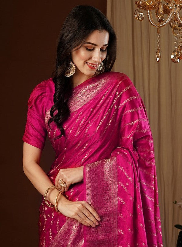 Lovely Pink Color Satin Fabric Partywear Saree