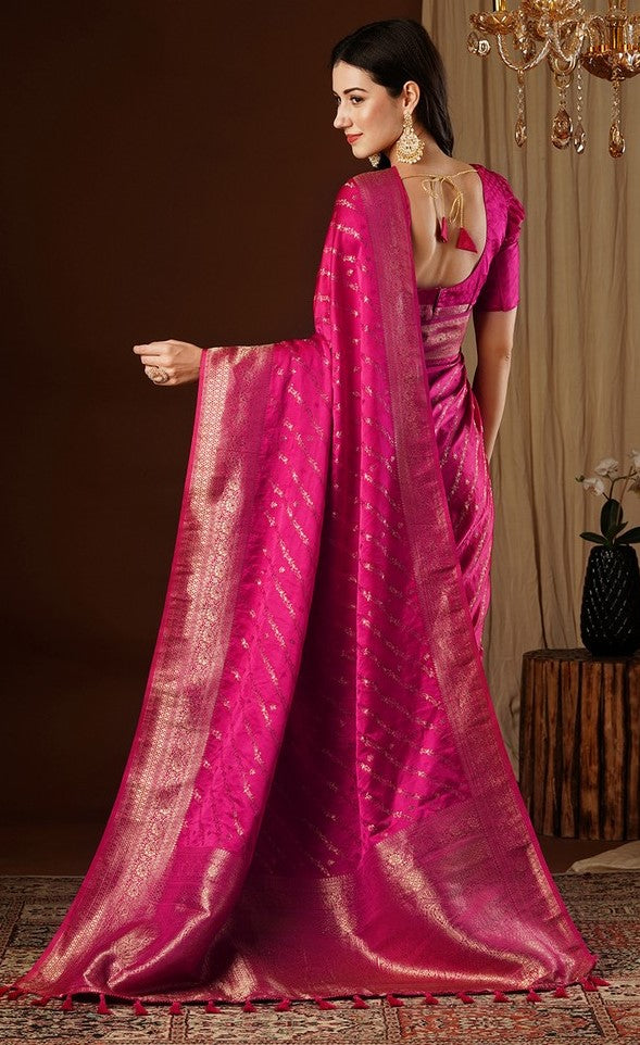 Lovely Pink Color Satin Fabric Partywear Saree