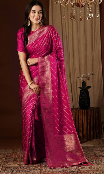 Lovely Pink Color Satin Fabric Partywear Saree