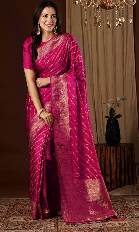 Lovely Pink Color Satin Fabric Partywear Saree