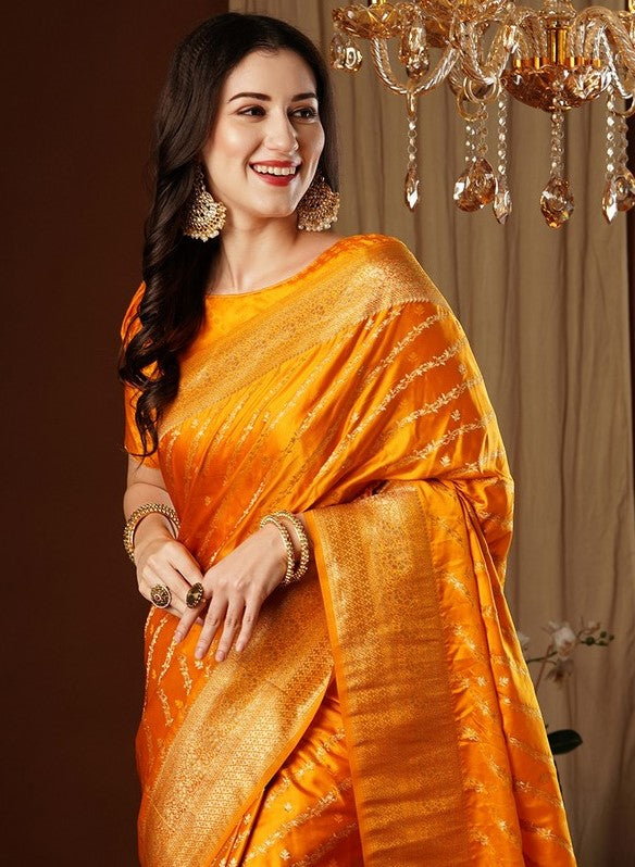 Lovely Yellow Color Satin Fabric Partywear Saree