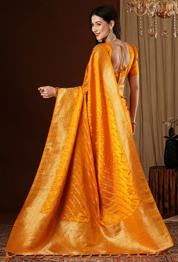 Lovely Yellow Color Satin Fabric Partywear Saree