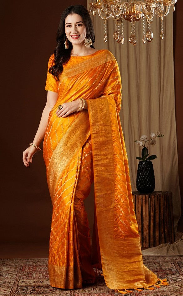 Lovely Yellow Color Satin Fabric Partywear Saree