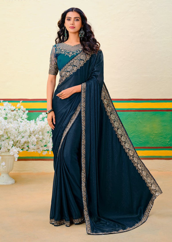 Lovely Teal Color Georgette Fabric Partywear Saree