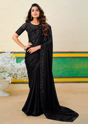 Lovely Black Color Georgette Fabric Partywear Saree