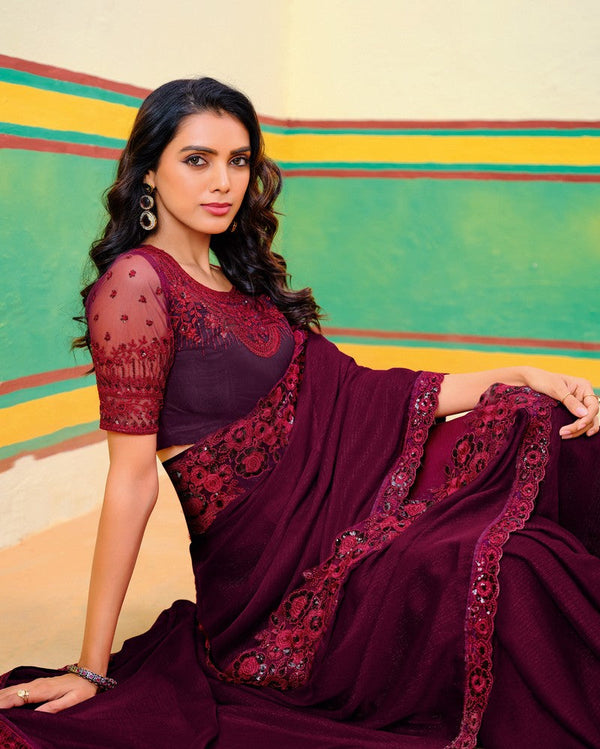 Lovely Maroon Color Georgette Fabric Partywear Saree