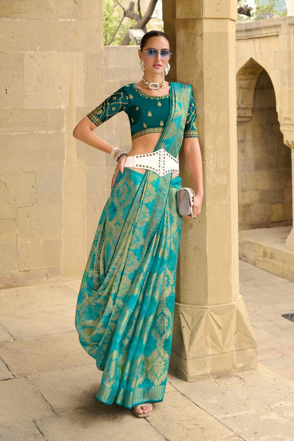 Beauteous Turquoise Color Jacquard Fabric Partywear Saree