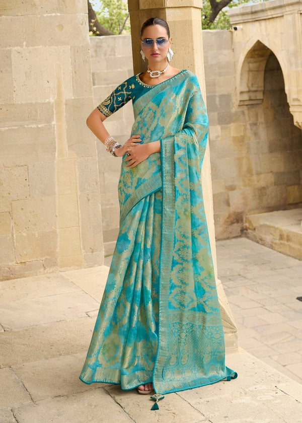 Beauteous Turquoise Color Jacquard Fabric Partywear Saree