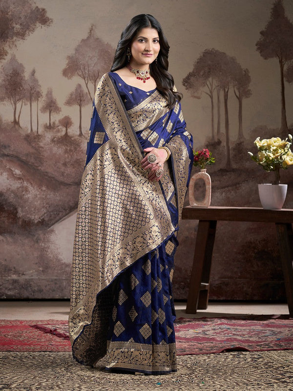 Dazzling Navy Blue Color Silk Fabric Partywear Saree