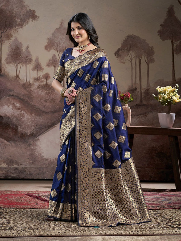 Dazzling Navy Blue Color Silk Fabric Partywear Saree