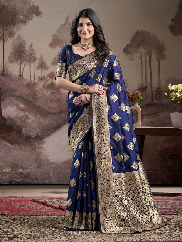 Dazzling Navy Blue Color Silk Fabric Partywear Saree