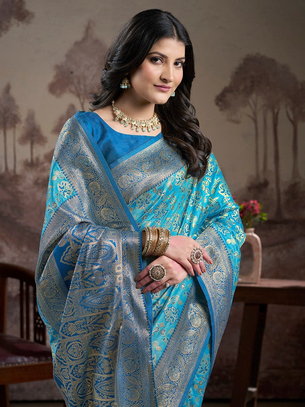 Dazzling Blue Color Silk Fabric Partywear Saree