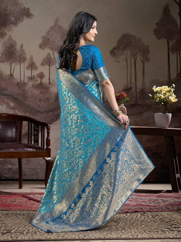 Dazzling Blue Color Silk Fabric Partywear Saree