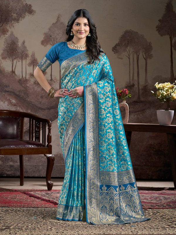 Dazzling Blue Color Silk Fabric Partywear Saree