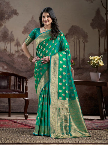 Dazzling Green Color Silk Fabric Partywear Saree