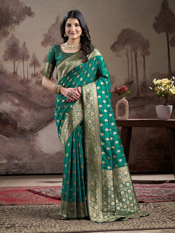 Dazzling Teal Color Silk Fabric Partywear Saree