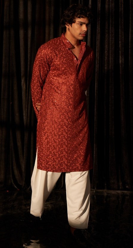 Beauteous Red Color Viscose Fabric Kurta Pajama