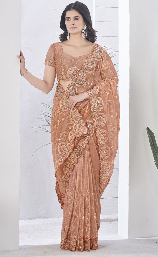 Lovely Peach Color Net Fabric Designer Saree