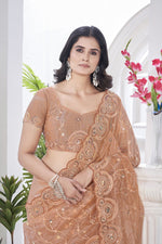 Lovely Peach Color Net Fabric Designer Saree