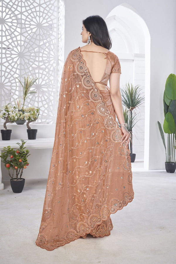 Lovely Peach Color Net Fabric Designer Saree