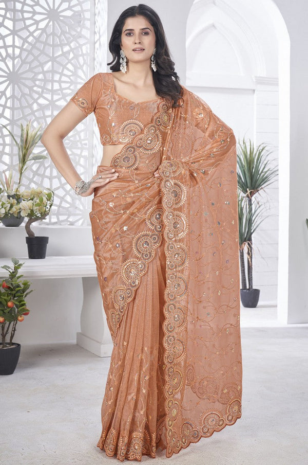 Lovely Peach Color Net Fabric Designer Saree