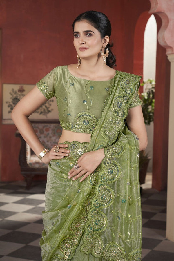 Lovely Green Color Net Fabric Designer Saree