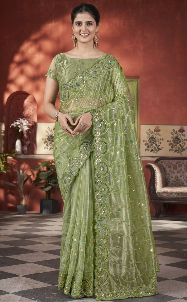 Lovely Green Color Net Fabric Designer Saree