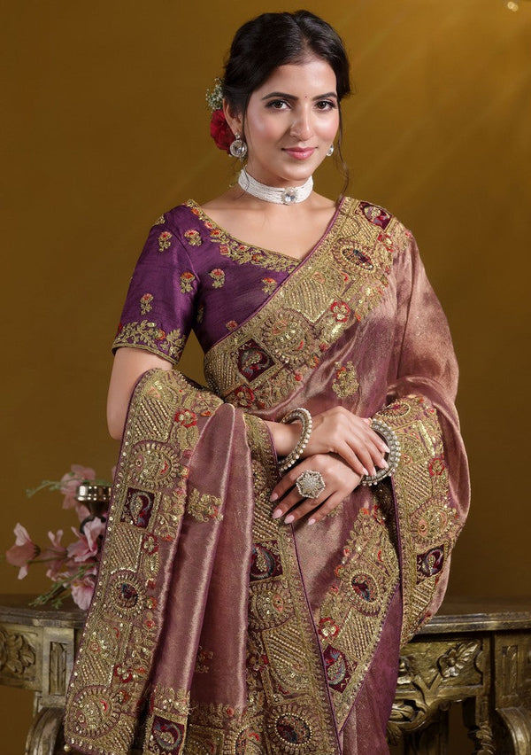 Elegant Wine  Color Organza Fabric Partywear Saree