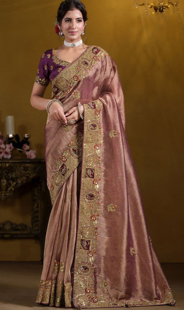 Elegant Wine  Color Organza Fabric Partywear Saree