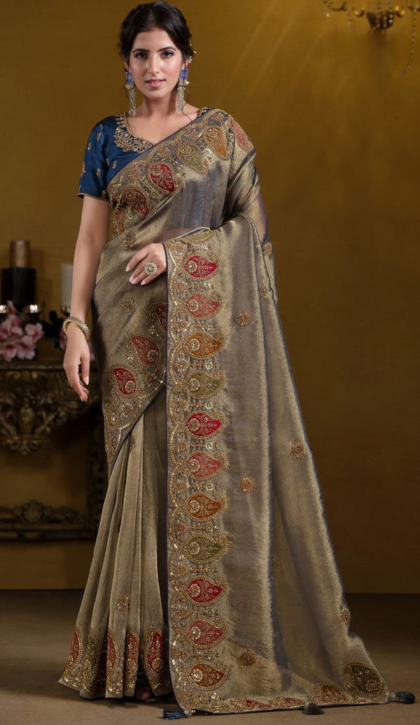 Elegant Teal Color Organza Fabric Partywear Saree