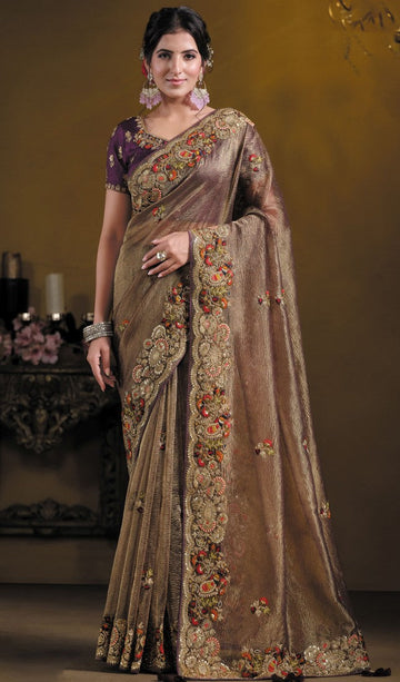 Elegant Wine Color Banarasi Fabric Partywear Saree