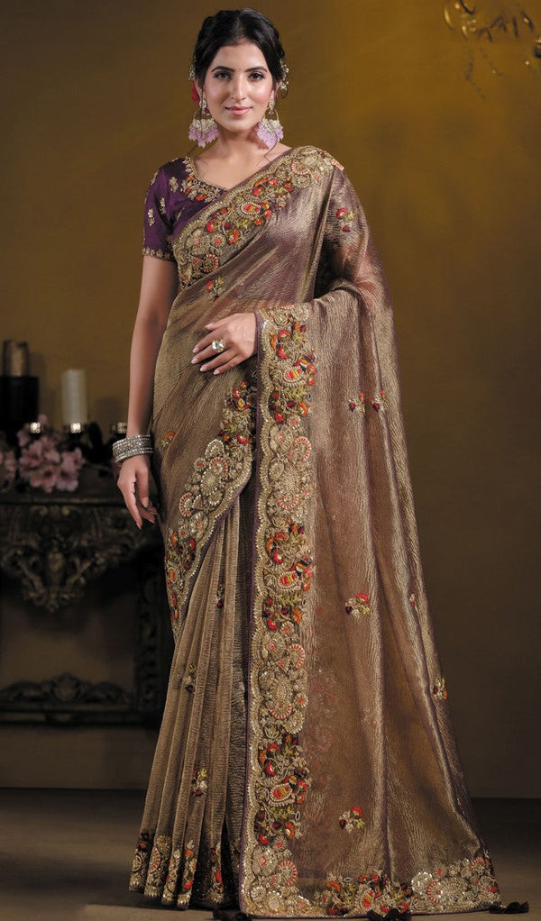 Elegant Wine Color Banarasi Fabric Partywear Saree