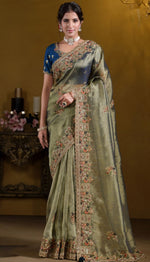 Elegant Green Color Organza Fabric Partywear Saree