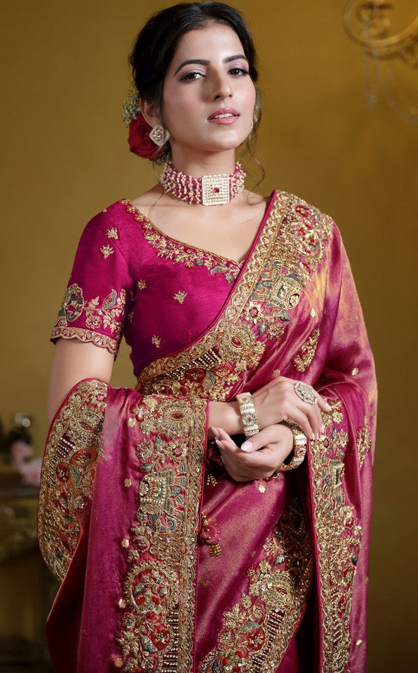 Elegant Pink Color Silk Fabric Partywear Saree