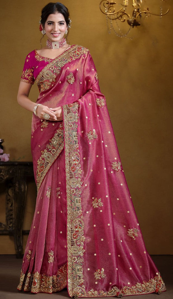 Elegant Pink Color Silk Fabric Partywear Saree