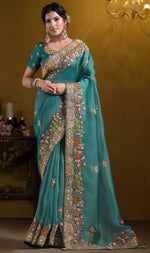 Elegant Teal Color Tissue Fabric Partywear Saree