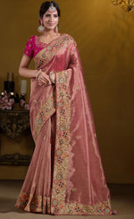 Elegant Peach Color Silk Fabric Partywear Saree