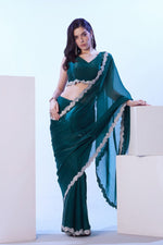 Dazzling Teal Color Satin Fabric Designer Saree