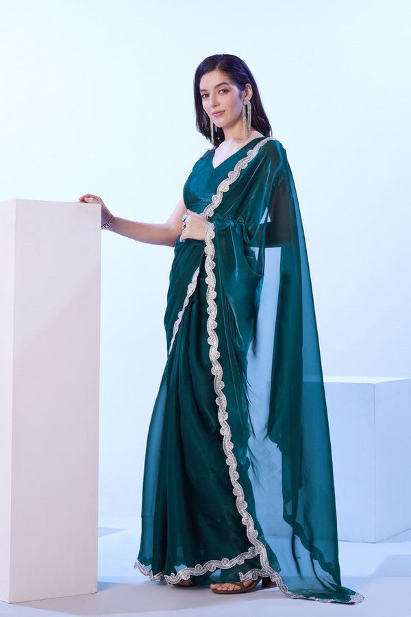 Dazzling Teal Color Satin Fabric Designer Saree