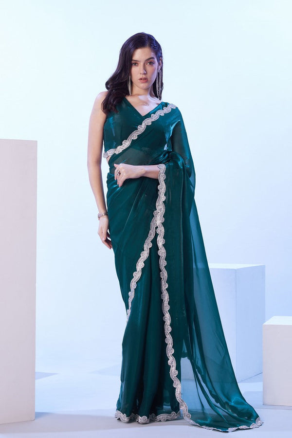 Dazzling Teal Color Satin Fabric Designer Saree