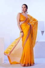 Dazzling Yellow Color Satin Fabric Designer Saree