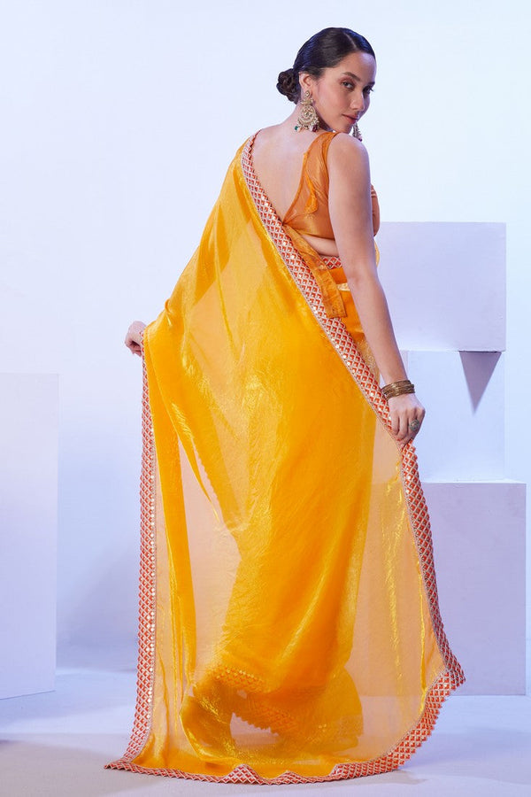 Dazzling Yellow Color Satin Fabric Designer Saree