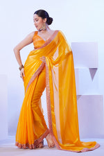 Dazzling Yellow Color Satin Fabric Designer Saree