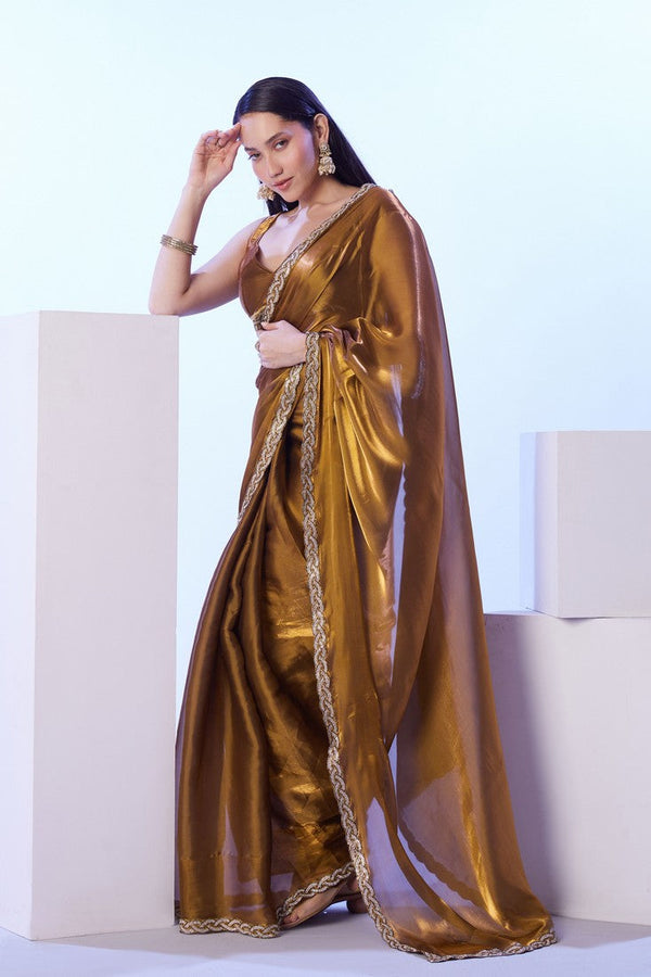 Dazzling Golden Color Satin Fabric Designer Saree