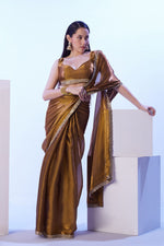 Dazzling Golden Color Satin Fabric Designer Saree