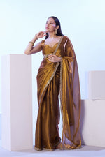 Dazzling Golden Color Satin Fabric Designer Saree