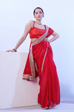 Dazzling Red Color Satin Fabric Designer Saree