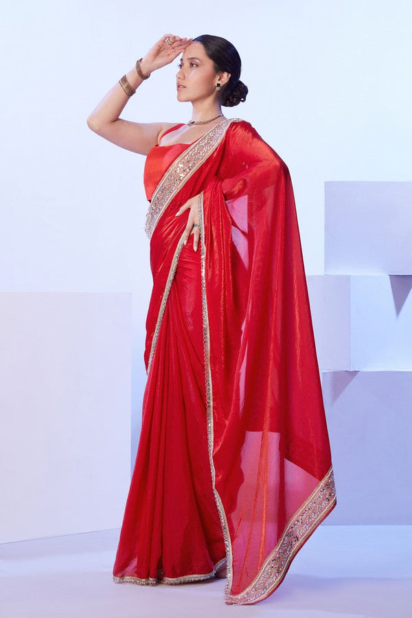 Dazzling Red Color Satin Fabric Designer Saree