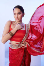 Dazzling Red Color Satin Fabric Designer Saree