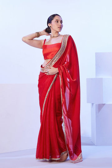 Dazzling Red Color Satin Fabric Designer Saree